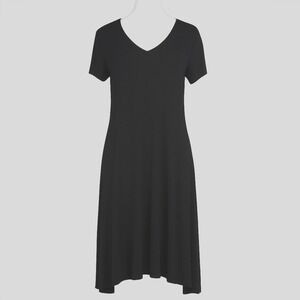 Chicos Jersey Knit Tie Back Midi Dress Size 2 Large Black Asymmetric Hem Casual